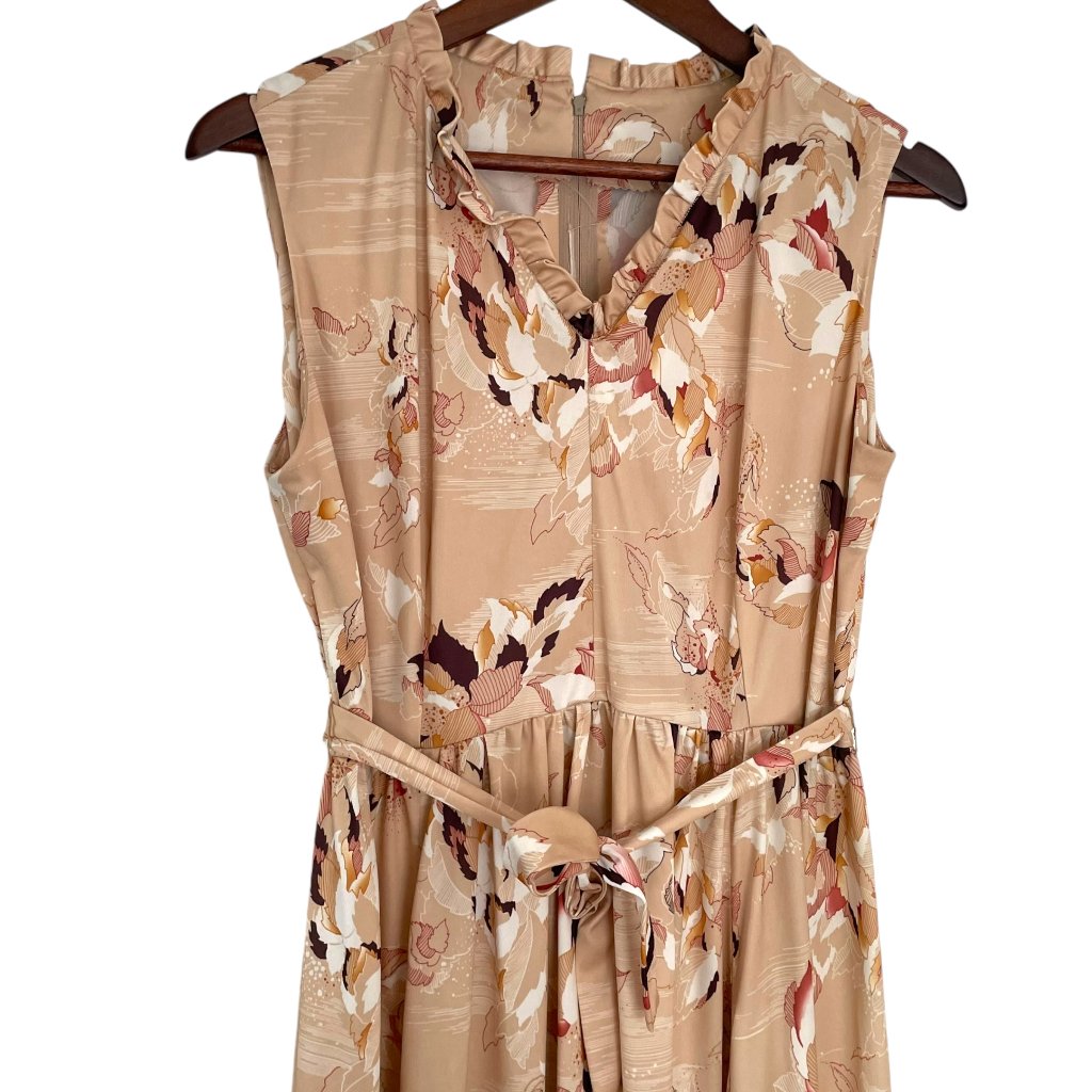 Vintage 70s Ruffle Maxi Dress Medium M Beige / Tan Floral Tie Front Sleeveless